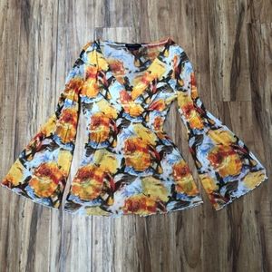 BCBG floral bell sleeve 70's inspired top
